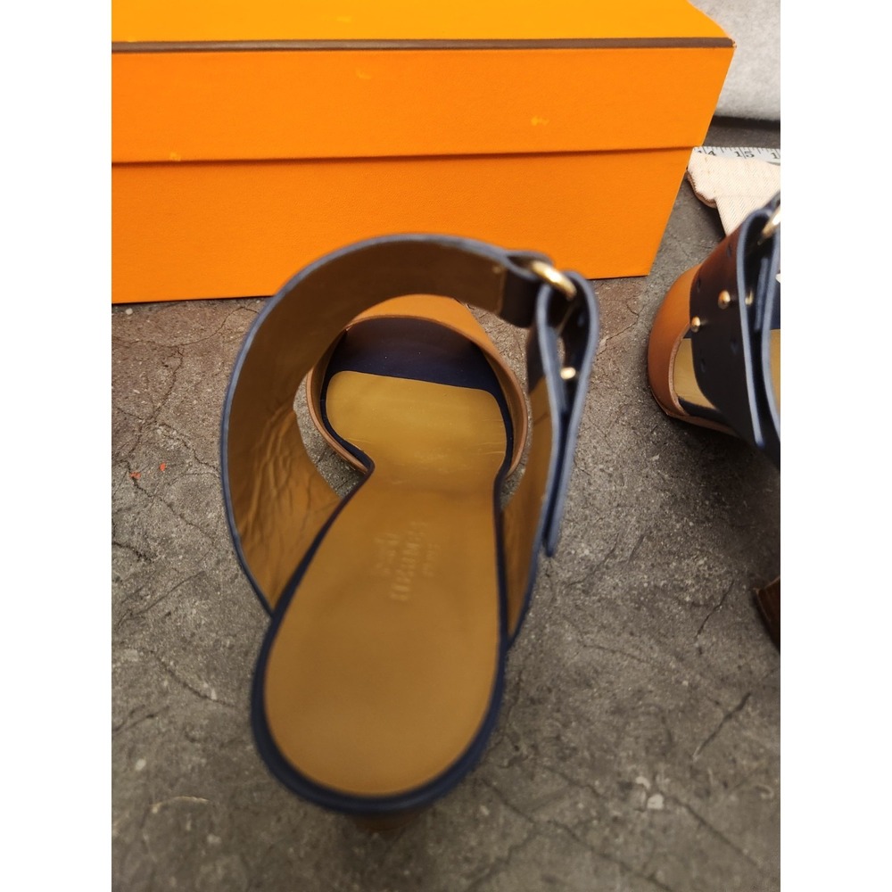 Hermes Leather Bicolor Mule Sandals Heels 37 1/2 Resoled Dust Bag Box - Picture 6 of 16
